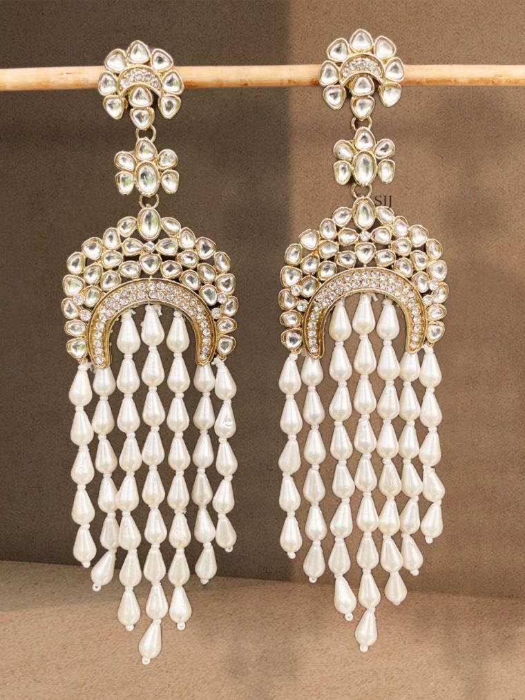 Gold Finish Kundan Earrings with Chand Bali Long Pearls Hangings