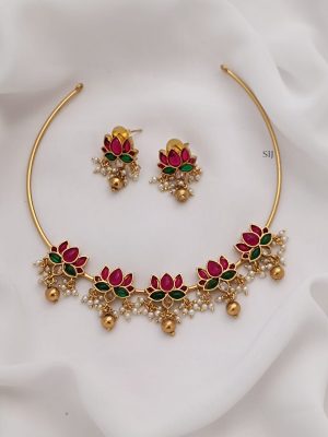 Gold Plated Flower Design Hasli Necklace with Guttapusalu