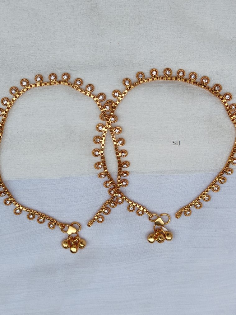 Gold Finish Chain Anklets with White Stones