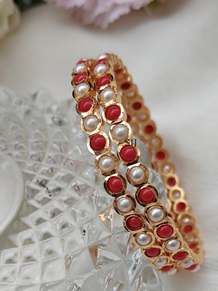 Traditional Pearl And Coral Gold Plated Bangles