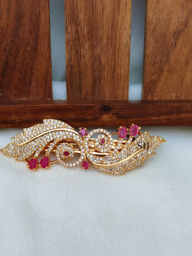 Artificial Dual Peacock White And Pink Stone Hair Clip