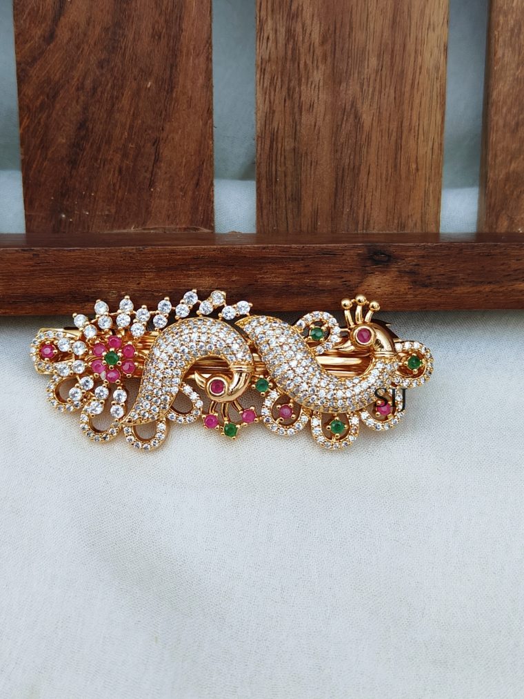 Imitation Dual Peacock White Pink And Green Stones Hair Clip