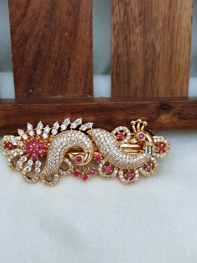 Artificial Dual Peacock White And Pink Stones Hair Clip