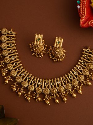 Traditional Lakshmi Coin Necklace with Gold Beads Hangings