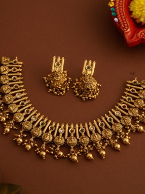 Traditional Lakshmi Coin Necklace with Gold Beads Hangings