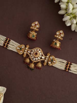 Imitation Pearl Choker with Jhumkas Kundan Pendant