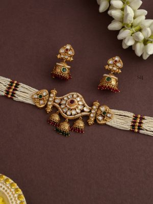 Imitation Pearl Choker with Jhumkas Kundan Pendant