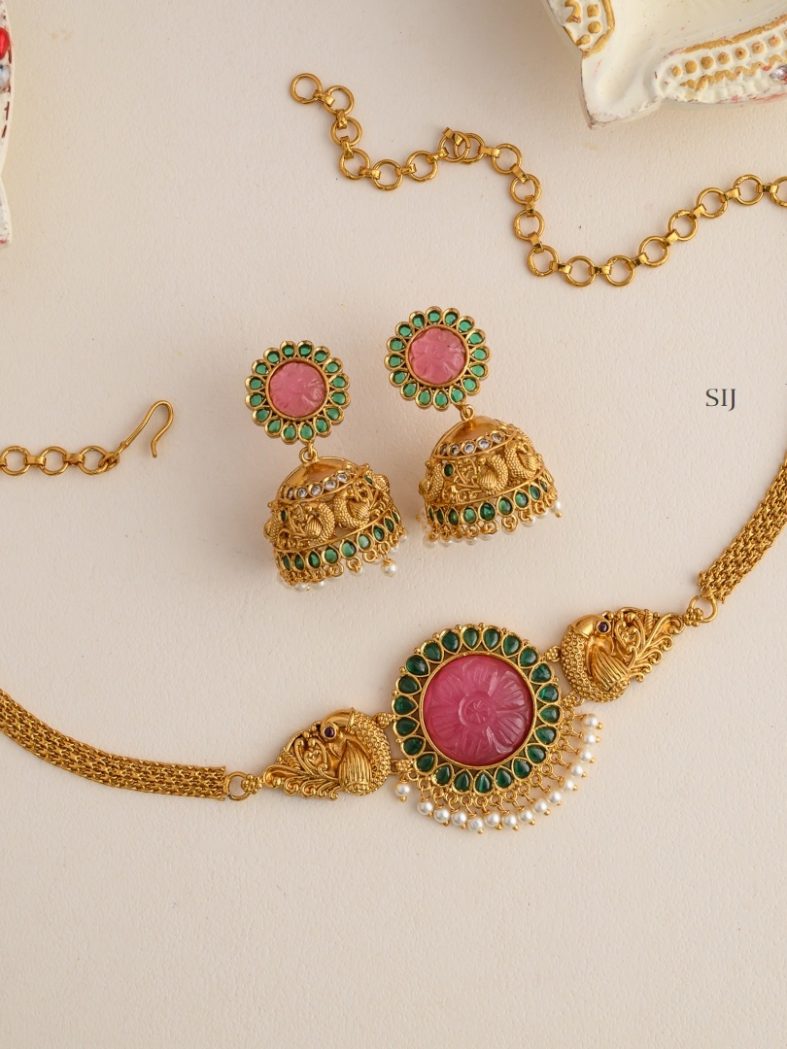 Gold Plated Dual Peacock Choker with Baby Pink Pendant