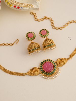 Gold Plated Dual Peacock Choker with Baby Pink Pendant