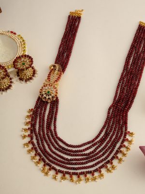 Multi Layers Maroon Red Beads Haram with Side Pendant