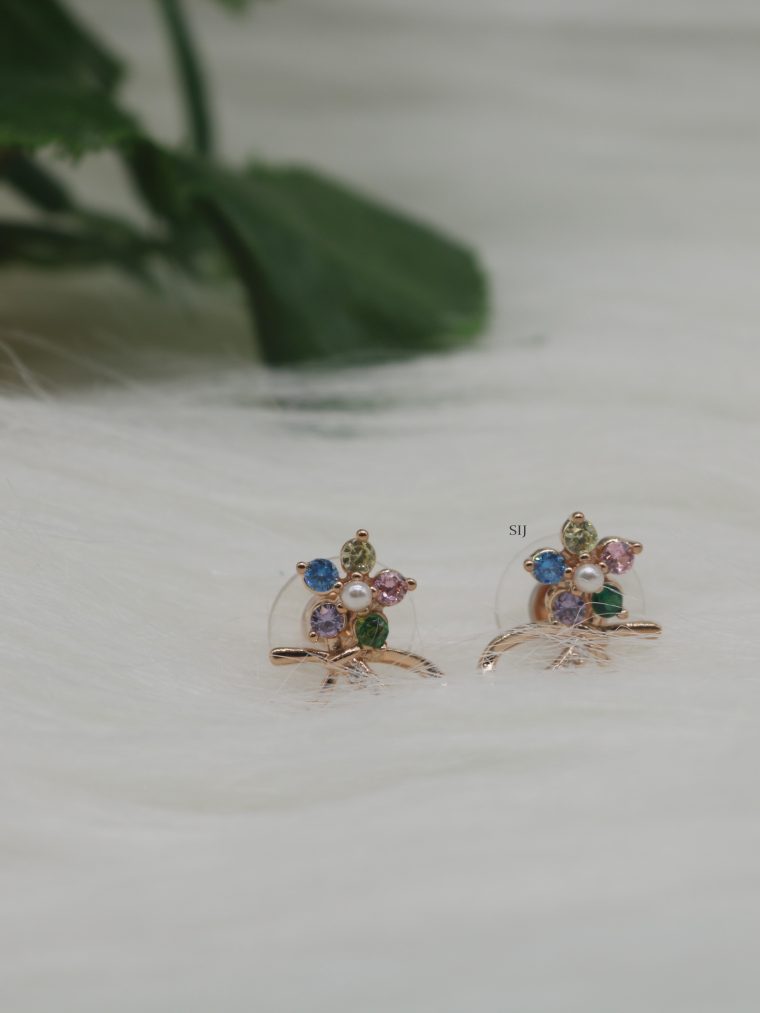 Multi Color Stones Flower Design Rose Gold Ear Studs