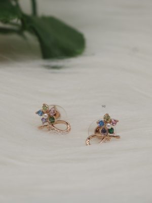 Multi Color Stones Flower Design Rose Gold Ear Studs