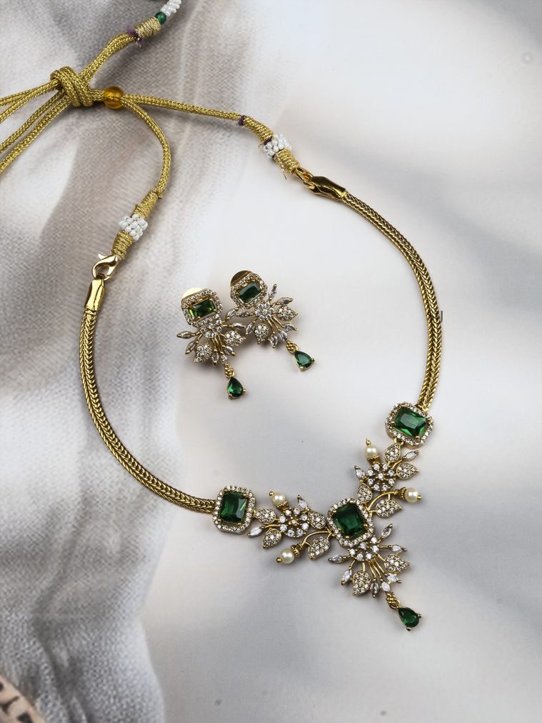 Gold Finish Green and AD Stones Flower Design Pendant Necklace