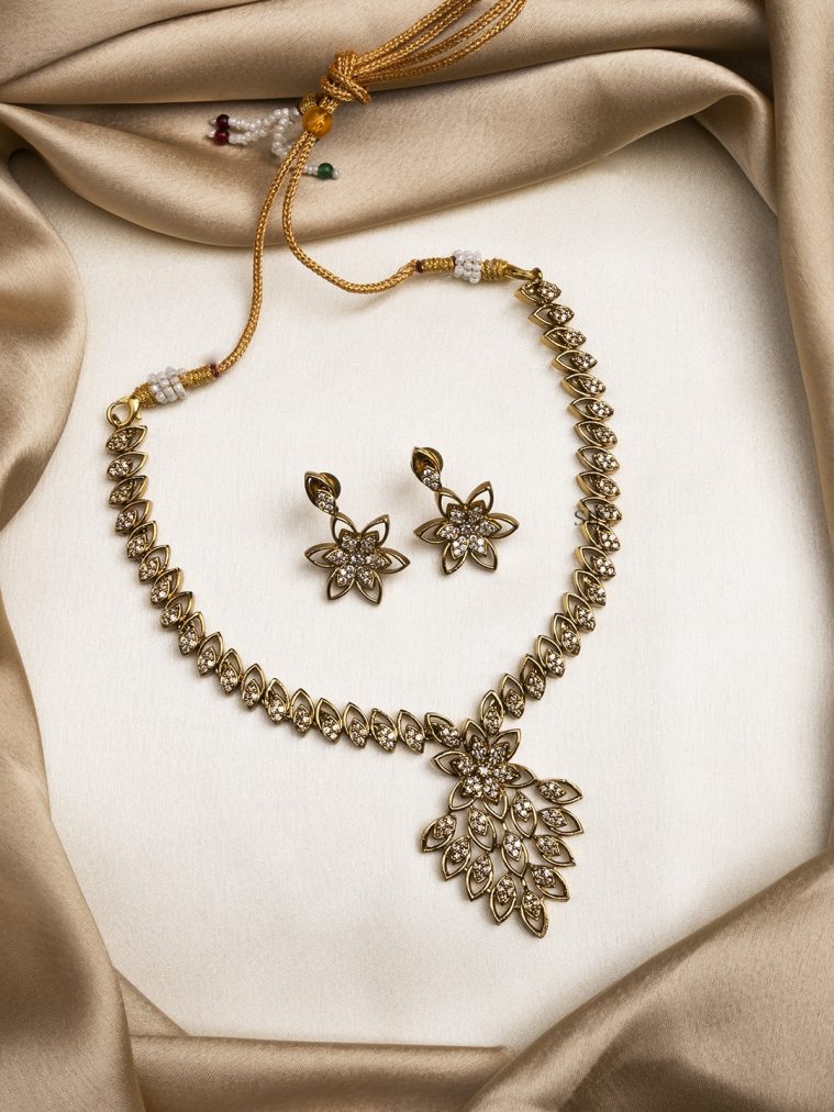 Gold Plated AD Studded Leaf Style Necklace Set