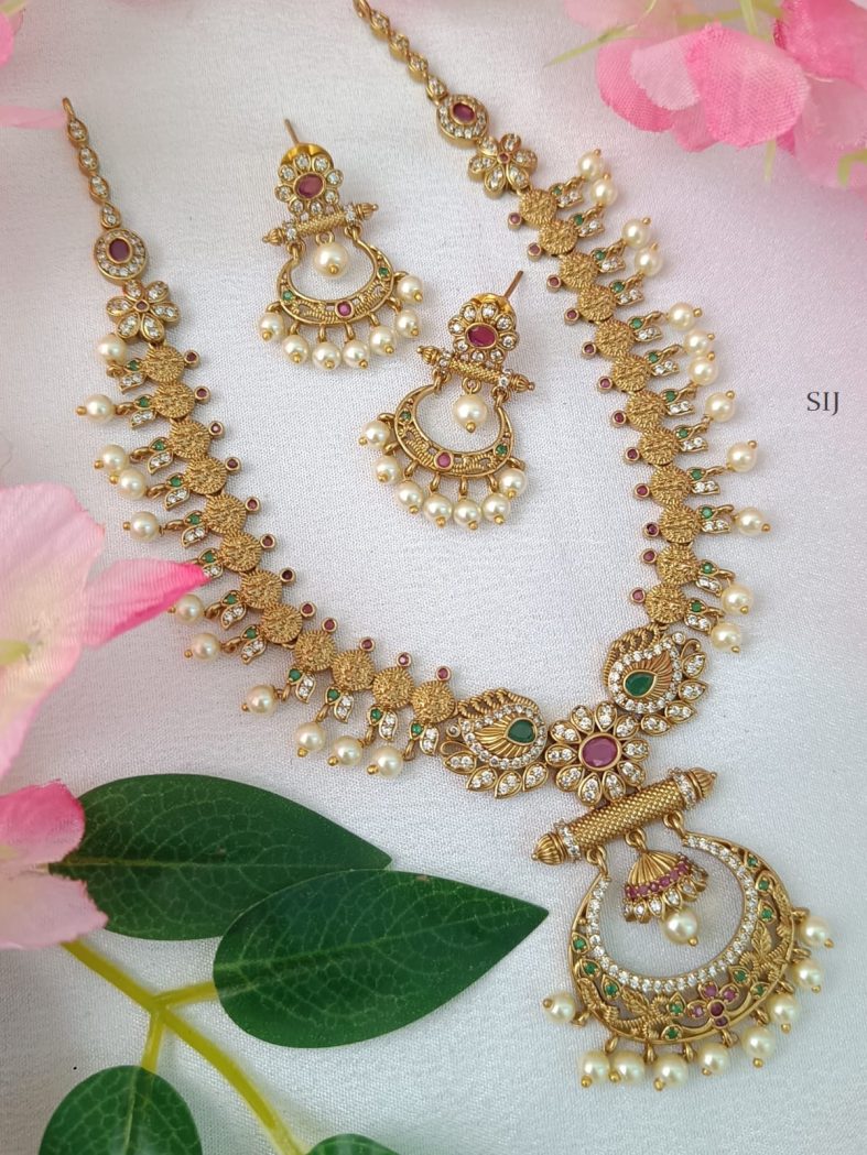 Lakshmi Coin Necklace with Stones and Pearls Chand Bali Pendant