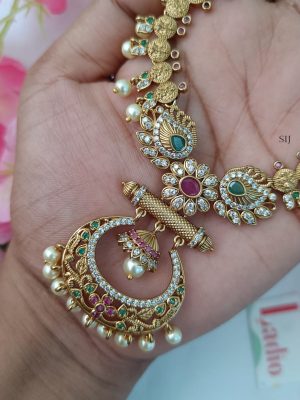 Lakshmi Coin Necklace with Stones and Pearls Chand Bali Pendant