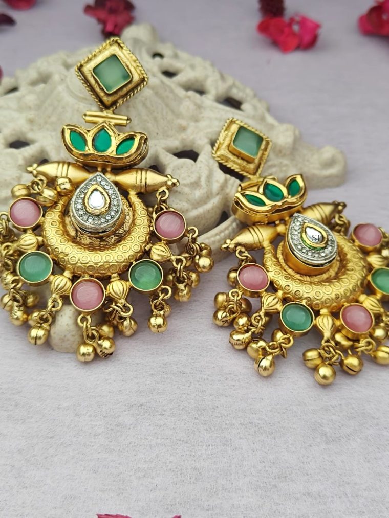 Gold Finish Chand Bali Design Stone Studded Earrings