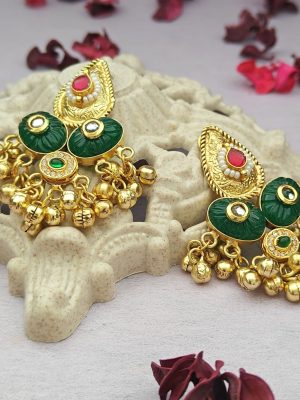 Gold Plated Ghungroo Embellished Stone Studded Earrings