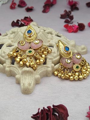 Gold Plated Ghungroo Embellished Stone Studded Earrings