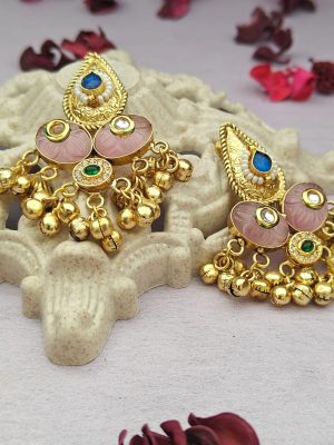 Gold Plated Ghungroo Embellished Stone Studded Earrings