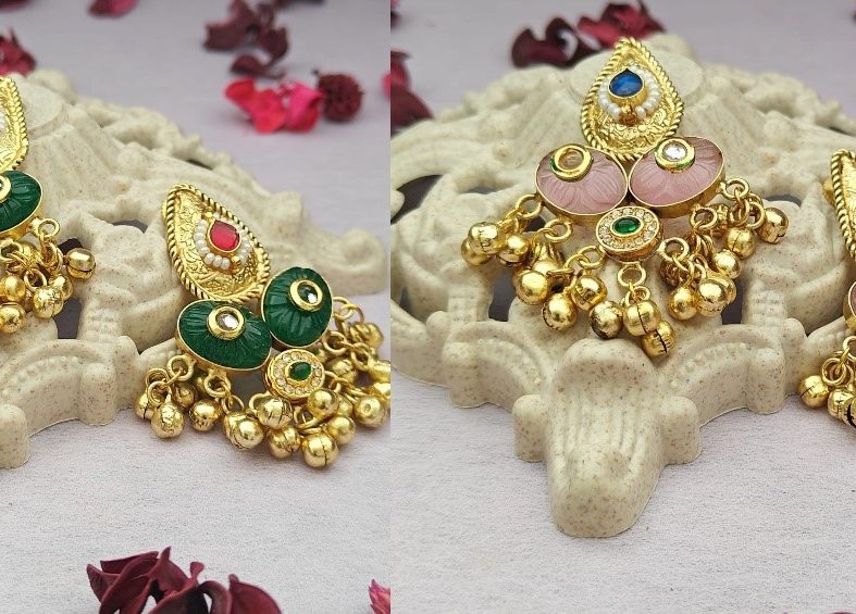 Gold Plated Ghungroo Embellished Stone Studded Earrings