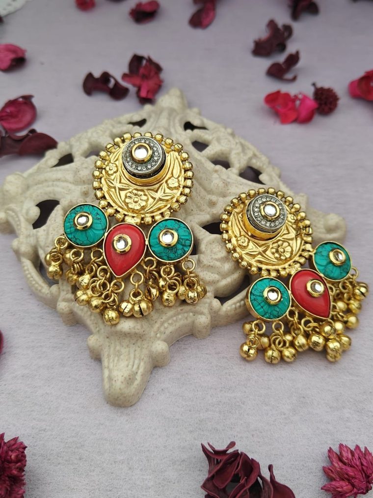 Gold Finish Chandeliers Earrings with Gold Beads