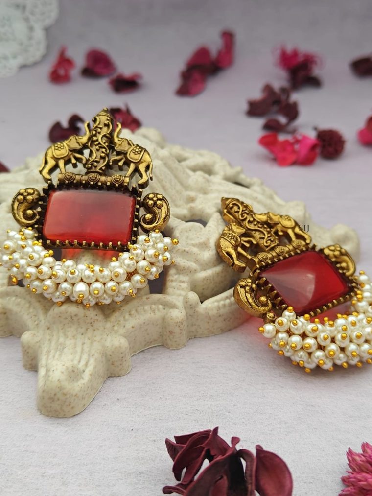 Traditional Elephant Design Red Stone Earrings with Pearls