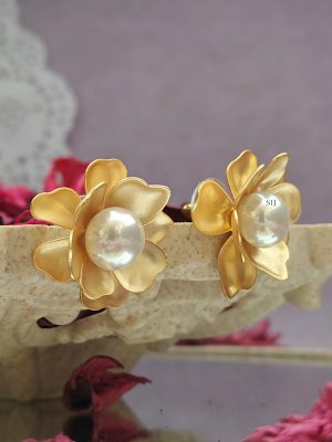 Gold Tone Floral Design Ear Studs with Middle Pearl