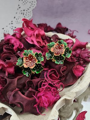 Gold Plated Petal Design Green and Red Enamel Ear Studs