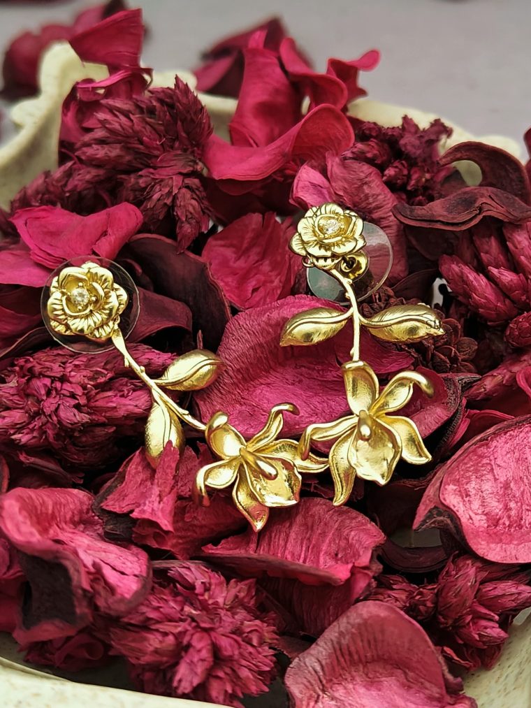 Gold Rosebud Earrings with Branch Hangings