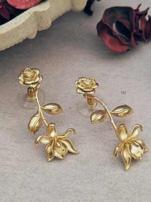 Gold Rosebud Earrings with Branch Hangings