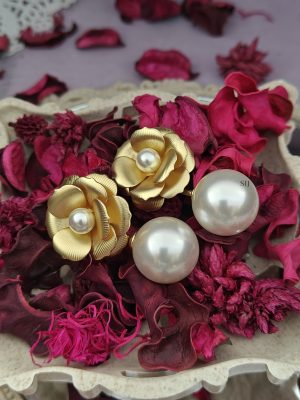 Rose Flower Pearl Studded Earrings with Pearl Hangings