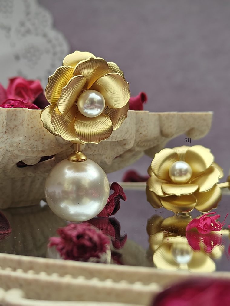 Rose Flower Pearl Studded Earrings with Pearl Hangings