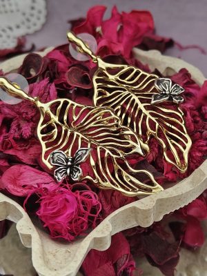 Gold Plated Leaf Charms Earrings with Mini Butterfly