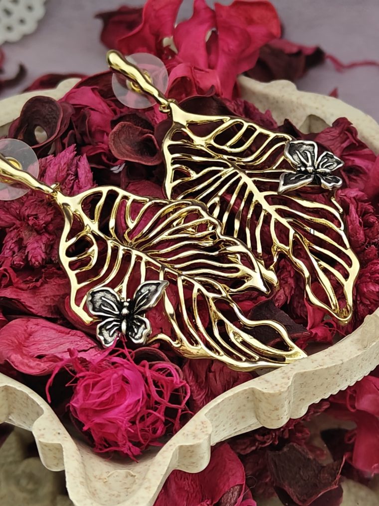 Gold Plated Leaf Charms Earrings with Mini Butterfly