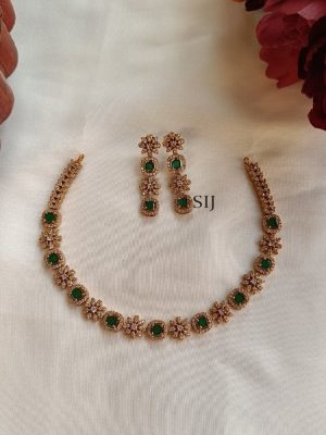 Gold Plated Green and White AD Stones Flower Design Necklace