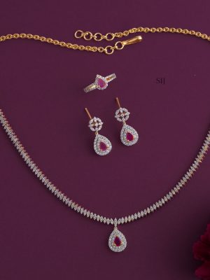 AD White Stones Combo Set with Ruby Stone Tear Drop Pendant