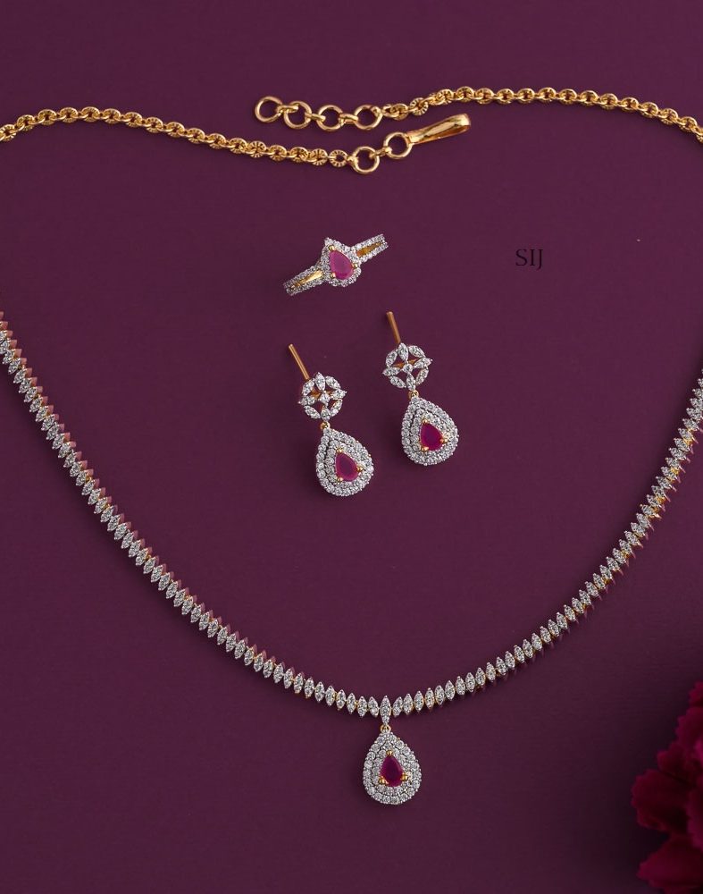 AD White Stones Combo Set with Ruby Stone Tear Drop Pendant