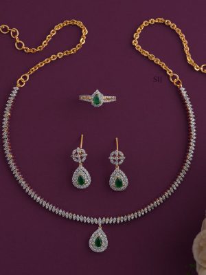 AD White Stones Combo Set with Green Stone Tear Drop Pendant