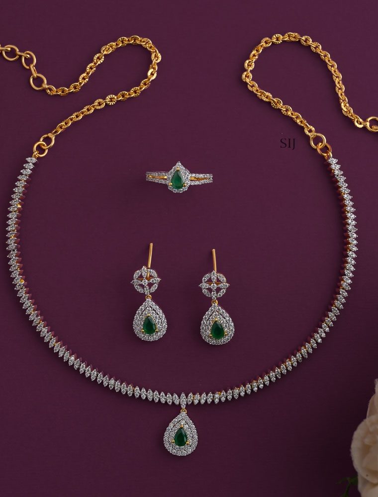 AD White Stones Combo Set with Green Stone Tear Drop Pendant