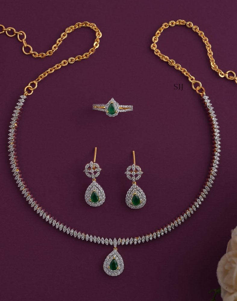 AD White Stones Combo Set with Green Stone Tear Drop Pendant