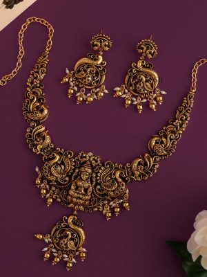 Antique Finish Lakshmi and Peacocks Necklace