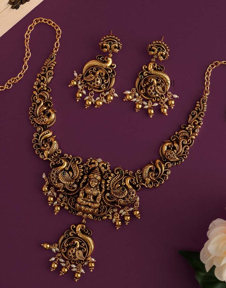 Antique Finish Lakshmi and Peacocks Necklace