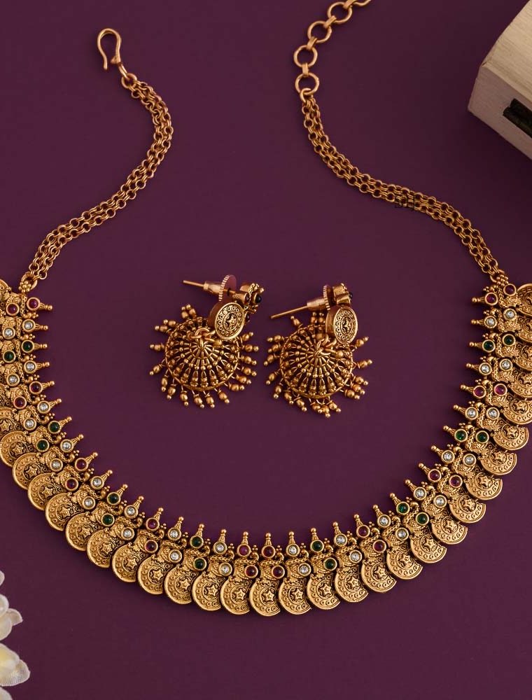 Traditional Non Idol Coin Necklace with AD and Kemp Stones