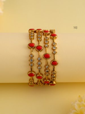 Gold Plated Coral Beads and White Stones Bangles