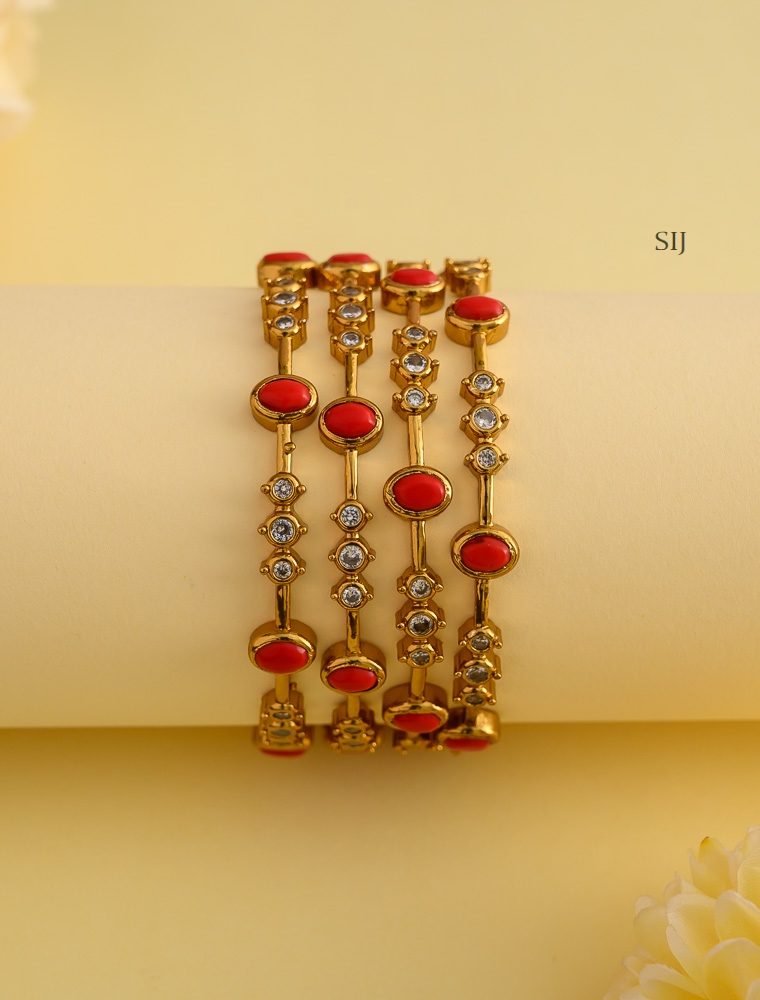 Gold Plated Coral Beads and White Stones Bangles