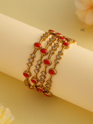 Gold Plated Coral Beads and White Stones Bangles