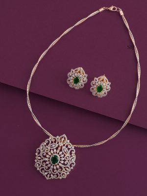 Invisible Chain with Green and White Stones Pendant