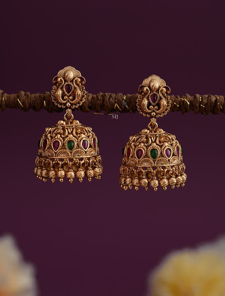 Gold Finish Kemp Stones Jhumkas with Gold Beads Hangings