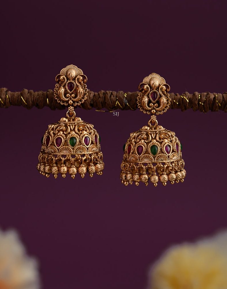 Gold Finish Kemp Stones Jhumkas with Gold Beads Hangings